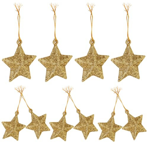 DEARMAMY 24pcs Christmas Tree Star Ornaments - Gold Glitter Star, Pentagram Hanging Pendants