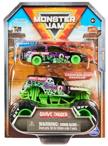 Monster Jam Paquete de 2 Monster Truck y coche de carreras a escala 1:64 oficial: Grave Digger