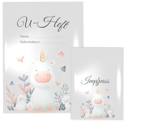 4 teiliges Set mit Einlagen für U-Heft und Impfpass inklusive passender transparenter Hüllen, Untersuchungsheft- & Impfpasshülle, Schutzhülle für Kinderarzt Untersuchungen, Baby Einhorn