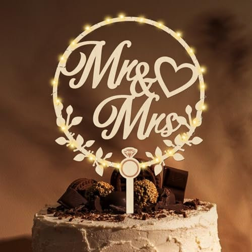 Giftota Cake Topper Hochzeit Holz Mit LED Lichterkette - Tortendeko Mr und Mrs - Hochzeitstorte Deko