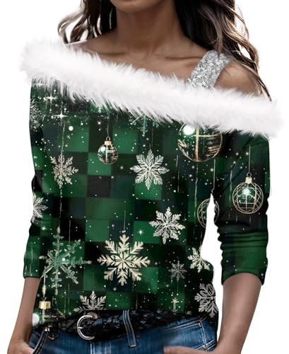 Weihnachtspullover Damen Langarmshirt Pullover Weihnachten Sweatshirt Weihnachtsshirt Damen Langarm mit Schneemann Weihnachtsmotiv Große Größen Weihnachts T-Shirt für Frauen Mädchen(Dark Green,S)