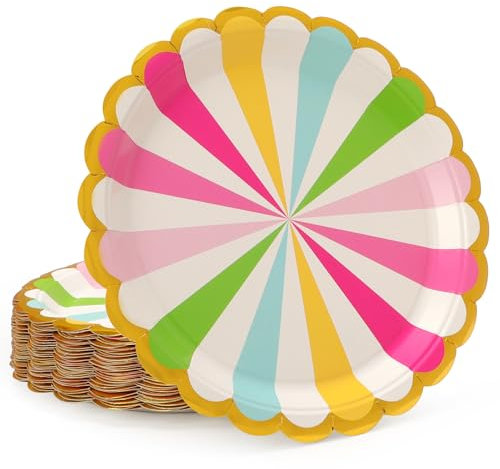 PARTY GO 50 Pcs 9 Paper Plates for Dinner and Dessert, Disposable Plates Party Supplies Pack for Graduation Holiday Wedding Birthday Party Baby Shower Decorations, Rainbow
