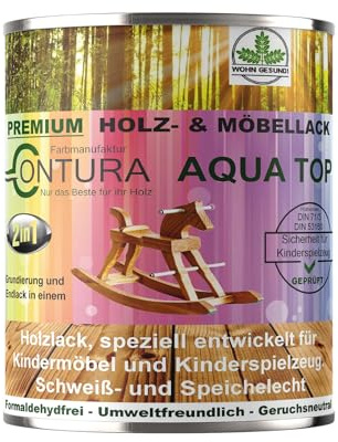 Contura Lack für Kinderspielzeug Glänzend 750ml. Möbellack 2in1 Buntlack DIN EN71/3 Holzlack Kindermöbel Farbe Holzfarbe Innen und Außen (RAL 7034 Wattenmeer, 750ml.)