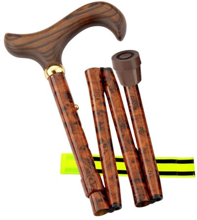 Gehstock Faltstock 4-teilig höhenverstellbar faltbar Wurzelholz Dekor – aus Aluminium mit Derby-Griff aus Hartholz - belastbar bis 110 kg + Olanmarp Klettarmband mit Streifen