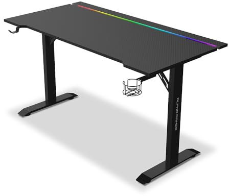 Alpha Gamer Starla RGB Escritorio Gaming 140x72 cm, Iluminación RGB con 4 Modos, Soporte Auriculares, Portavasos, Gestión de Cables, Superficie Texturizada de Carbono, Patas Ajustables, Color Negro
