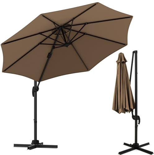 KOMFOTTEU 300 cm Sonnenschirm mit Kreuzfuß, Ampelschirm neigbar & 360° drehbar, Gartenschirm mit Kurbel, Terrassenschirm für Strand, Pool (Braun)