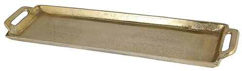 Tablett Gold Vintage-Design | 60x3x12cm Aluminium rechteckig | Dekotablett Servierplatte mit Griffen Tischdekoration (Tablett 60x3x12cm)
