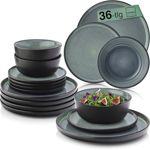 SÄNGER Malmö| Steingut Geschirr Set 36 tlg, Teller Set 12 Personen, Geschirrset 12x Speiseteller 12x Müslischalen 12x Dessertteller, Tafelservice dunkelgrün kratzfest, Essgeschirr | VALUE COLLECTION