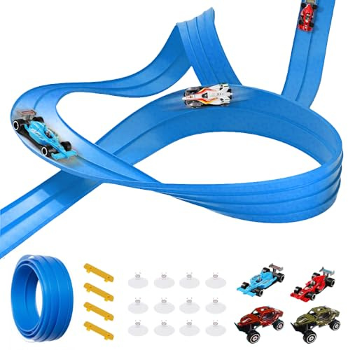 5M Car Track Speed Race Track Rolls Up Portable Racetrack for Toy Cars with 4 Cars (Blue)