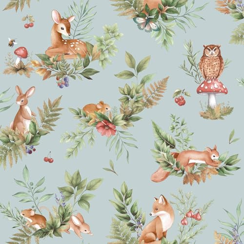 Holden Storybook Woodland Themed Forest Friends Playful Animals Foxes Bunnies Owls Deers Wallpaper for Nurseries Children's Bedroom Playroom Wallcovering Duck Egg Blue (14120)