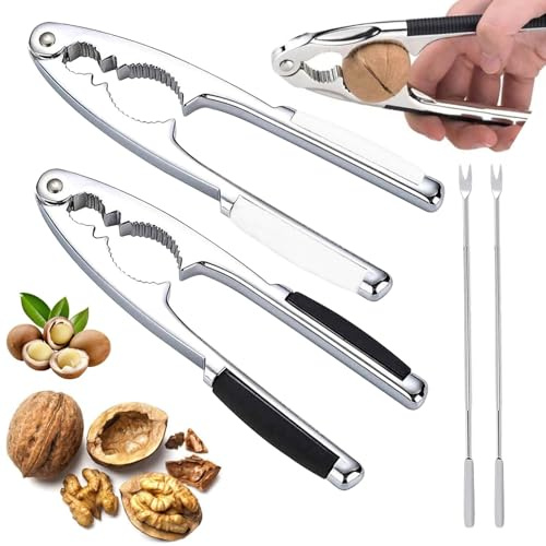 Nutcracker 4 Pcs Stainless Steel Nut Opener Tool Con Nut Needles, Nut Crackers Heavy Duty with Non-Slip Handle, Nut Crackersfor Walnut Hazelnut Almonds Pecan Seafood
