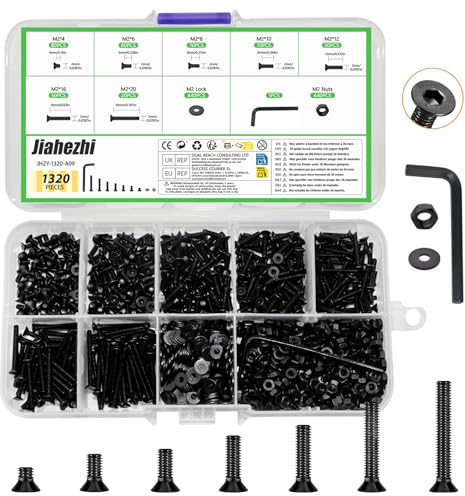 1320 Pcs M2 Countersunk Bolt and Nut Set, Black Flat Head Machine Screws with Assorted Hex Socket Cap Screws and Washers, Ideal for DIY, Repairs and Fastening Applications