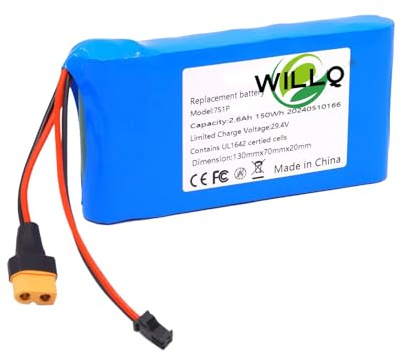 WILLQ 25,2V 2600mAh Ersatz-Lithium-Ionen-Akku 24V 2,6Ah für Kinder-Elektroroller und Hoverboard-Motoren mit 151,2 Wh und XT30+SM-Stecker