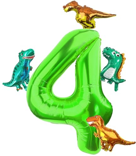 Morofme Dino Folienballon 4, 40 Inch Luftballon Zahlen mit 4 Stück Dino Luftballon, Grün Luftballon 4, Helium Ballons Zahlen,Luftballons Geburtstag 4 für Dschungel Thema Geburtstag, Jubiläum Partydeko