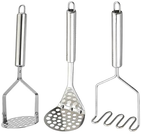 GXGM 3 Pezzi Schiacciapatate Acciaio Inox,Uno Strumento Indispensabile In Cucina,2 Forme (Lineare + A Fori)