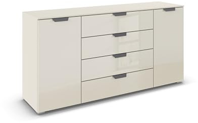 Rauch Möbel ADITIO, Kommode, Farbe Glas Beige, Breite 160 cm | Sideboard im modernen Look, 2-türig, 4 Schubladen, Glasfront, Soft-Close, für Schlafzimmer, Gästezimmer, Wohnzimmer, Flur