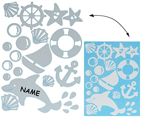 alles-meine.de GmbH 23 TLG. Set XL Wandtattoo/Sticker - glänzender Delfin & Maritime Motive - incl. Name - Wandsticker - Aufkleber für Kinderzimmer - selbstklebend + wied..