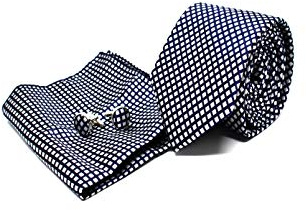 Coffret Cravate Homme à Carreaux Bleu, Mouchoir, Boutons de Manchette | 100% Soie, Élégant et Moderne, Idéal pour Cadeau, Mariage, Avec Costume