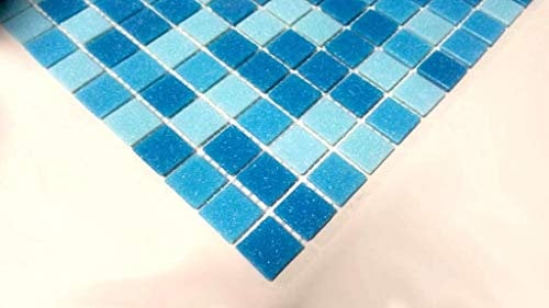 Schwimmbad Mosaik Fliese Poolmosaik Glasmosaik Blau mix hellblau blau Pool Mosaik Glasmosaik vorderseitig Papier verklebt für Pool in 20x20x4 mm - Handmuster zur Voransicht in ca. 60 x 100 mm