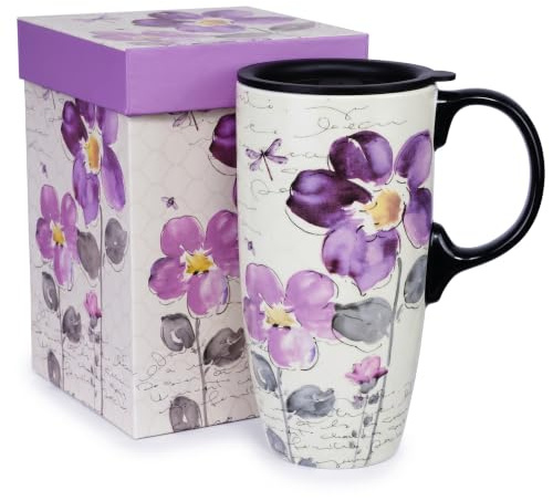 Topadorn 17oz Ceramic Travel Mug with Lid, Tall Purple Floral Coffee Mug