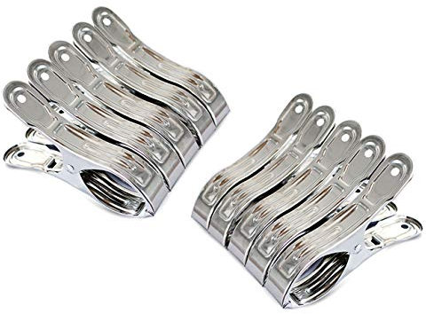 FOMMEN Pinzas de ropa resistentes para exteriores, paquete de 10 clips grandes de acero inoxidable, clips de toalla de playa, abrazaderas de cortina, ropa de metal con punta de goma
