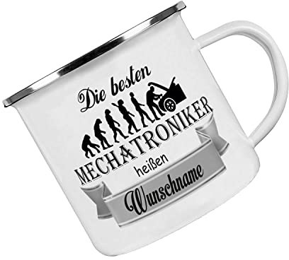 Crealuxe Emaille Tasse Die besten Mechatroniker heißen (Wunschname) - Kaffeetasse mit Motiv, Campingtasse, bedruckte Emailletasse mit Wunschtext, Wunschname, Spruch oder Bildern