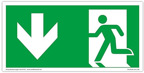 Plaque de Issue der Secours | Sortie de Secours | extra-longue luminescence | PVC autocollant 297x148mm | selon ISO 7010 | Flèche gauche vers le bas | Chemin de fuite | Dreifke® extra 160
