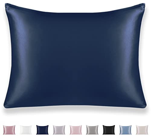 Texbee Seidenkissenbezug 50x75cm für Haar und Haut, Silk Pillowcase Beide Seiten Natürliche Kissenbezug Seide mit verstecktem Reißverschluss Weiche Atmungsaktive Glatte Kopfkissenbezug-Marineblau