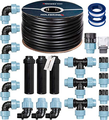HOLZBRINK Start Set Bewässerungssystem Rasenbewässerung inkl. 100 m LDPE Verlegerohr 25 mm, 3x Versenkregner, HTB-11-3-100