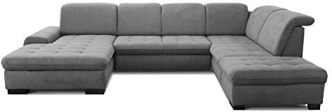 CAVADORE U-Form Lexi mit XXL-Longchair / Inkl. Bett, Stauraum und Kopfteilfunktion / Leichte Fleckenentfernung dank Soft Clean / 329 x 82-99 x 224 / Flachgewebe: Grau