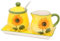 Dekohelden24 Dolomite Zuckerdose mit Löffel, Milchkännchen und Platte als 3er Set, Motiv: Sonnenblume in gelb/grün, Größe ca. 19 x 10,5 cm.