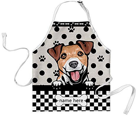 BAGEYOU Personalized Polka Dots and Plaid Checkered Apron with Funny Dog Jack Russell Terrier Peeking Chef Kitchen Cooking Arpon for Men Women