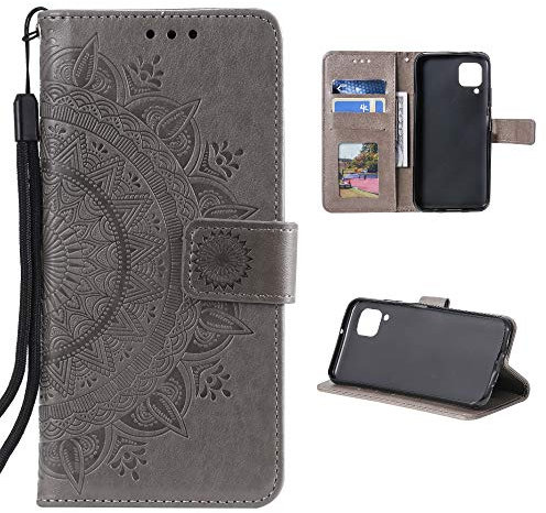 CoverKingz Handytasche kompatibel mit Samsung Galaxy A12 - Handy Case mit Kartenfach Handyhülle - Flipcase klappbar Motiv Mandala Grau