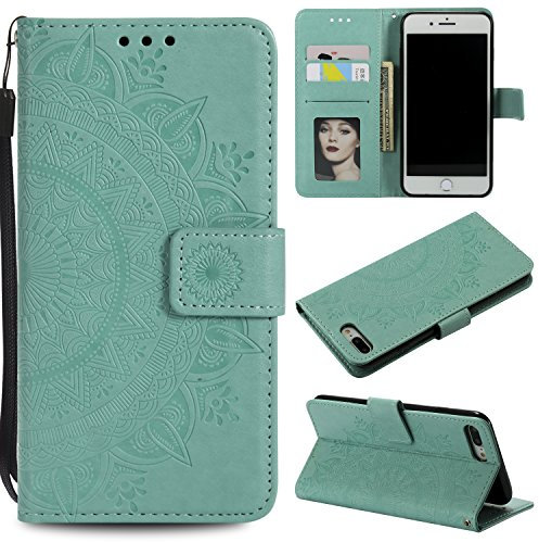 EYZUTAK Case for iPhone 7 Plus iPhone 8 Plus, Premium Leather Flip Wallet Case with Card Slots Holder Kickstand Hand Strap Mandala Half Flower Design Embossed Shockproof Cover Case - Green