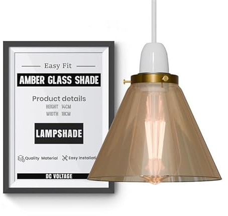 DC VOLTAGE Vintage-Lampenschirm, bernsteinfarbenes Glas, Deckenpendelleuchte, flache Form mit Schirmring für Wohnzimmer, Schlafzimmer, Küche, Flur, Büro und Café (Kegel)