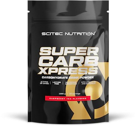 Scitec Nutrition Supercarb Xpress, Producto alimenticio, En polvo para preparar bebida a base de hidratos de carbono, L-isoleucina, Vitamina B6, 1000 g, Té de frambuesa