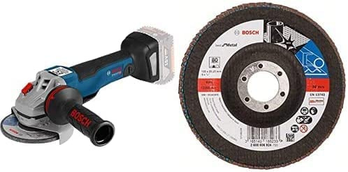 Bosch Professional 18V System Akku Winkelschleifer GWS 18V-10 PC (Schutzhaube, Zusatzhandgriff, Schnellspannmutter, im Karton) + Fächerschleifscheibe (verschiedene Materialien, Ø 125 mm, Körnung 80)
