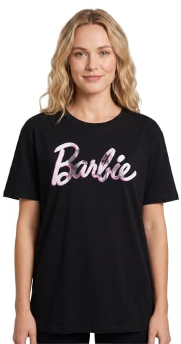 Barbie T-Shirt da Donna | Bambola Donna Logo Bianco Rosa | Vestiti Top dal Design Rilassato Lungo Nero