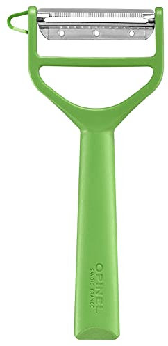 Opinel Schäler T-Duo aus Kunststoff in der Farbe Grün, zum Schälen von Gemüse und Zubereiten von Juliennes, spülmaschinengeeignet, 254624
