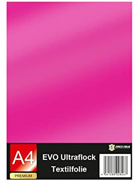 Evo Ultraflock Textilfolie für Plotter 33 Farben Flockfolie im Din A4 Format 30x20cm Plotterfolie für Stoff Kleidung T-Shirt Flock Folie Zubehör (1 Bogen, 012 Magenta)