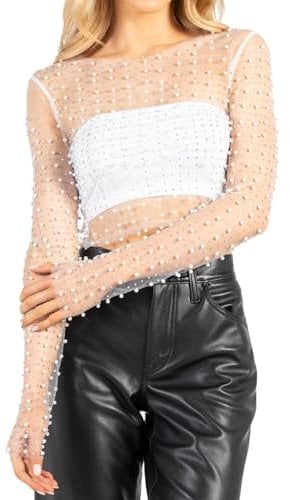 Naileksi Women Pearl Rhinestone Sheer Mesh Crop Top Sexy See Through Long Sleeve Slim Fit Cropped Blouse Shirt Clubwear, White, M