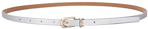 Damen Skinny Ledergürtel mit Metallschnalle für Jeans, Kleider, Hosen (Silber)