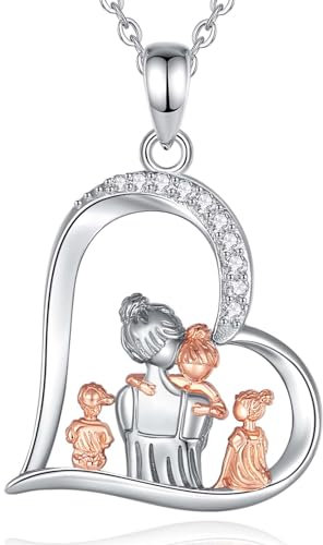 INFUSEU Mutter Tochter Kette, 925 Silber Roségold Drei Kinder Anhänger Mama Geschenk Stiefmutter Kind Halkette Mutter Sohn Schmuck Familienkette Geschenk Für Mama Frauen Unsere Dame