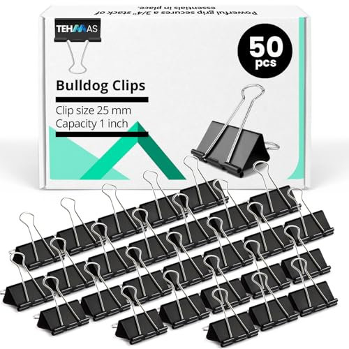 Tehmas 50 pcs (25mm) Bulldog Clips - Durable Heavy-Duty Metal Binder Clips - Ideal for Home, School and Office Use - Perfect Document and Paper Organizer Tool
