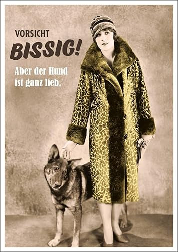 Gutsch Verlag Retro Humor Postkarte mit Hund und Dame - Vorsicht Bissig! Aber der Hund ist ganz lieb - Witzige Postkarte für Freunde & Familie, Schwarz-Weiß Vintage Design.
