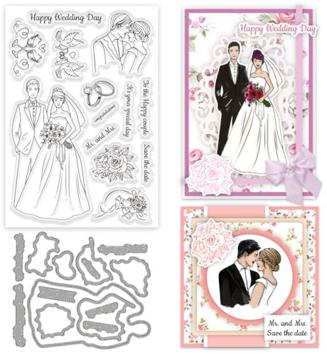 INFUNLY „Happy Wedding Day“-Stempel Und Stanzformen-Set, Braut Und Bräutigam, Wiederverwendbare Silikonstempel, Blumenstrauß, Transparentes Siegel, Hochzeitssegentext, Gummistempel Für Die Kartengesta