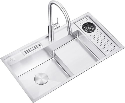 Küchenspüle mit Wasserhahn und Unterlegscheibe, Unterlegscheibe, Edelstahl 304, gebürstet, Einbau- oder Unterbaumontage (Color : Silver~A, Size : 88x48)