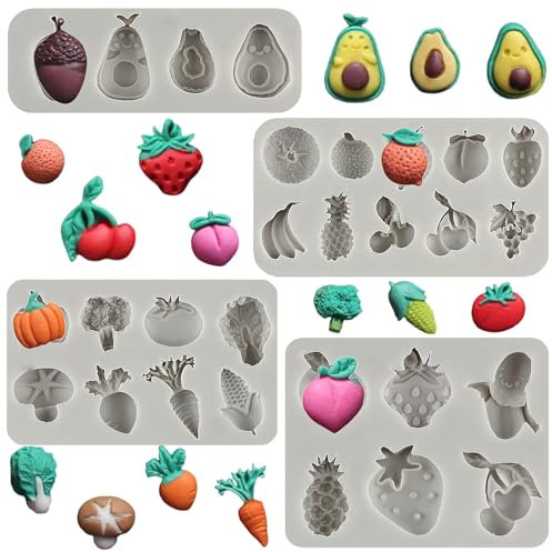 MYPRACS Lovely Small Items - Moldes de silicona para fondant, verduras, frutas, decoración de pasteles, cupcakes, caramelos, chocolate, pasta de goma, arcilla polimérica, juego de 4