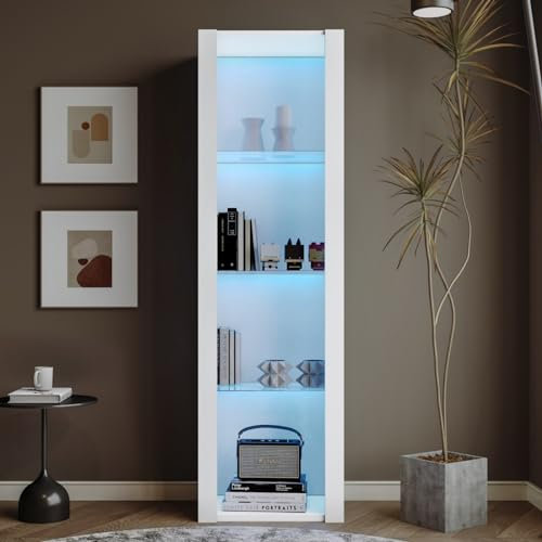 KOMHTOM Vetrina soggiorno con LED Credenza moderno, vetrina espositiva da terra con 3 ripiani in vetro per soggiorno camera da letto corridoio sala da pranzo (Bianco)