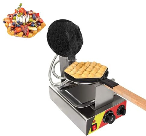 Kindevieft Commercial Bubble Waffle Maker, 1400W Egg Bubble Puff Iron with Wooden Handles, Stainless Steel Waffle Baker with Non-Stick Teflon Coating, Temperature Adjustable